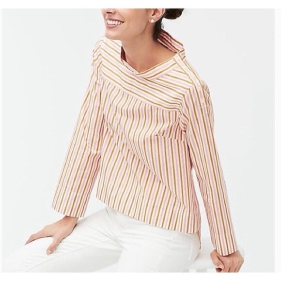 J. Crew Funnel Wide Boat Neck Pink Brown Striped Hi-Low Hem Popover Blouse Top 2 - Picture 12 of 12